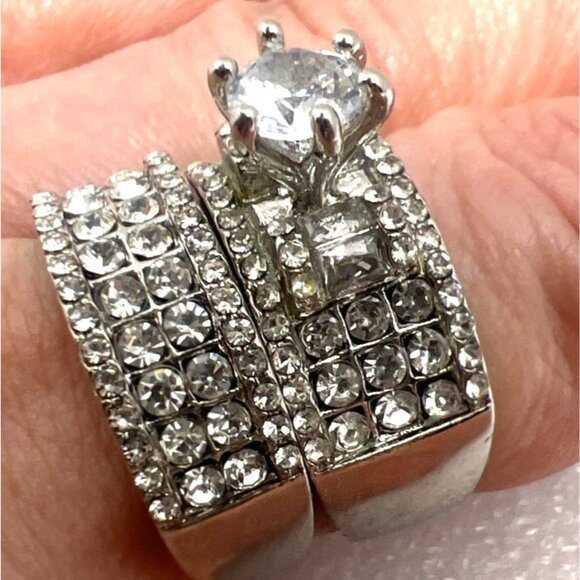 Wedding Ring Set Clear Cubic Zirconias Sz 8.5 27.3mm wide 9 rows Pave Cluster - Picture 3 of 12
